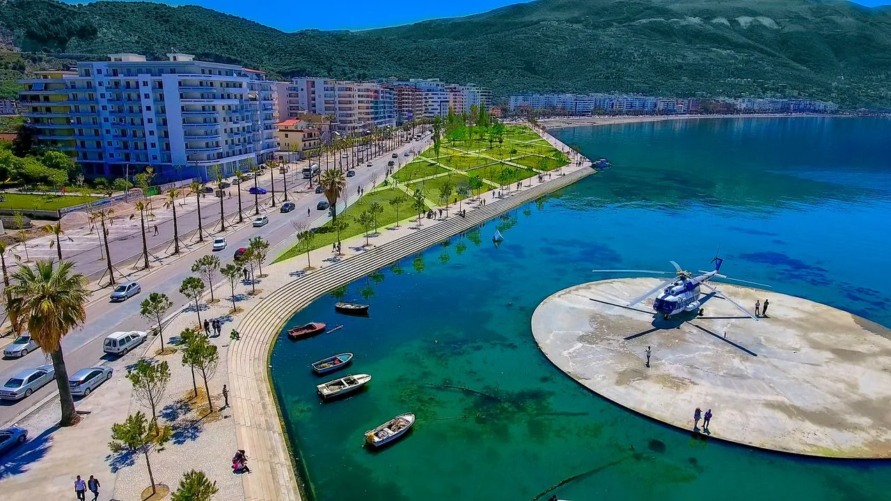 Aerial view of Vlora waterfront with turquoise bay